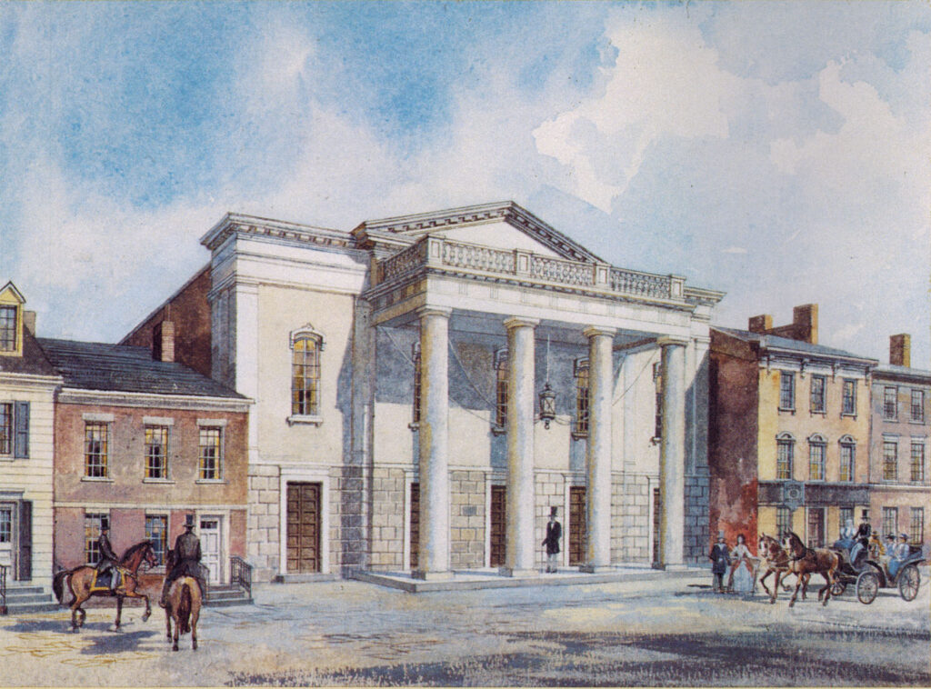 A painting of the first National Theatre in 1835. The theatre has four white columns with five doors on the facade.