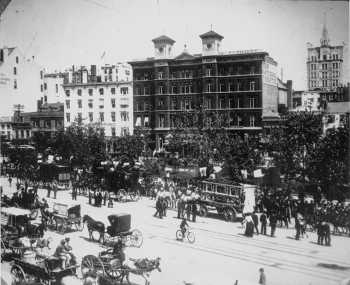 Photograph of street and National Theatre in 1890.