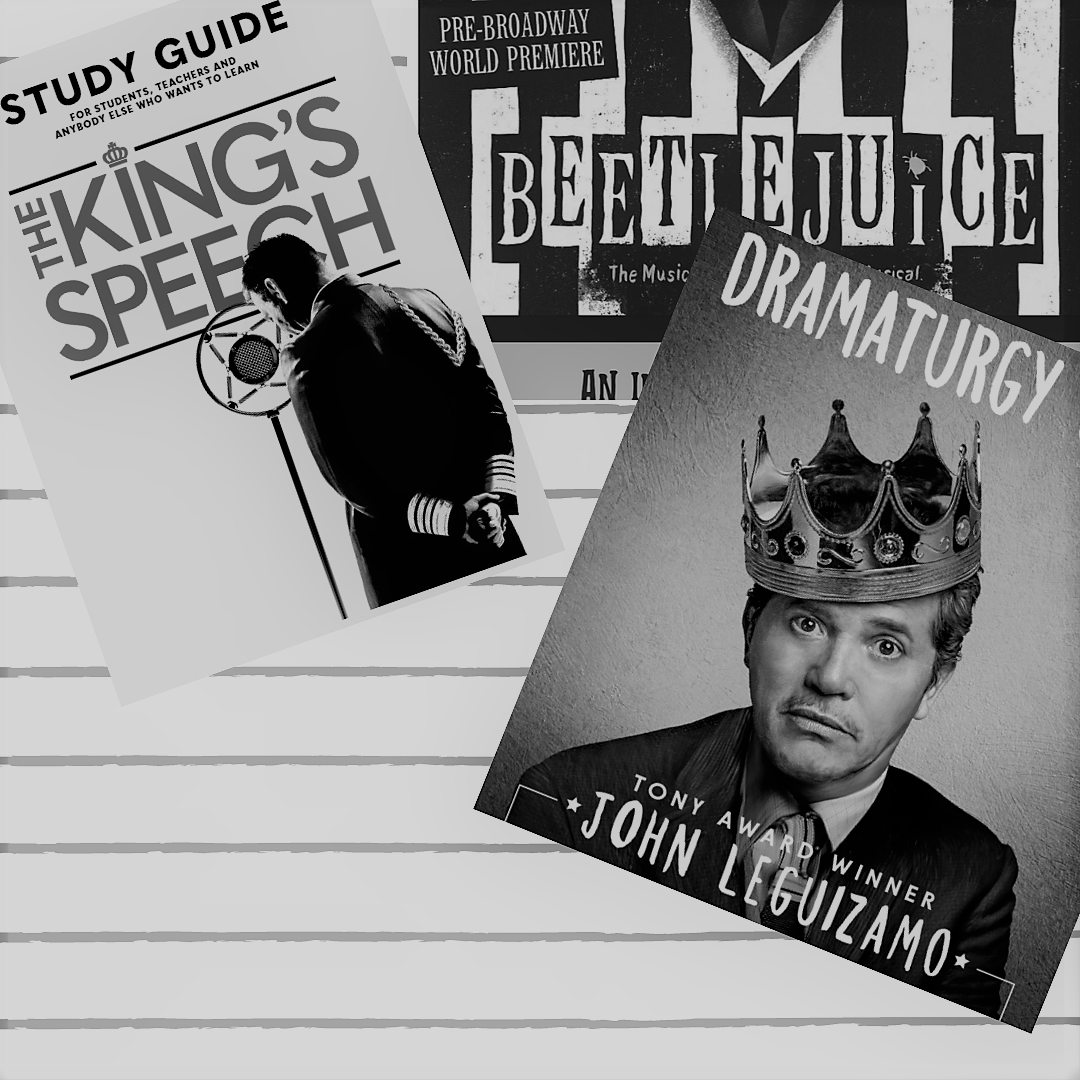 Covers for study guides for The King's Speech, John Leguizamo Latin History for Morons, and Beetlejuice the Musical. Black and white