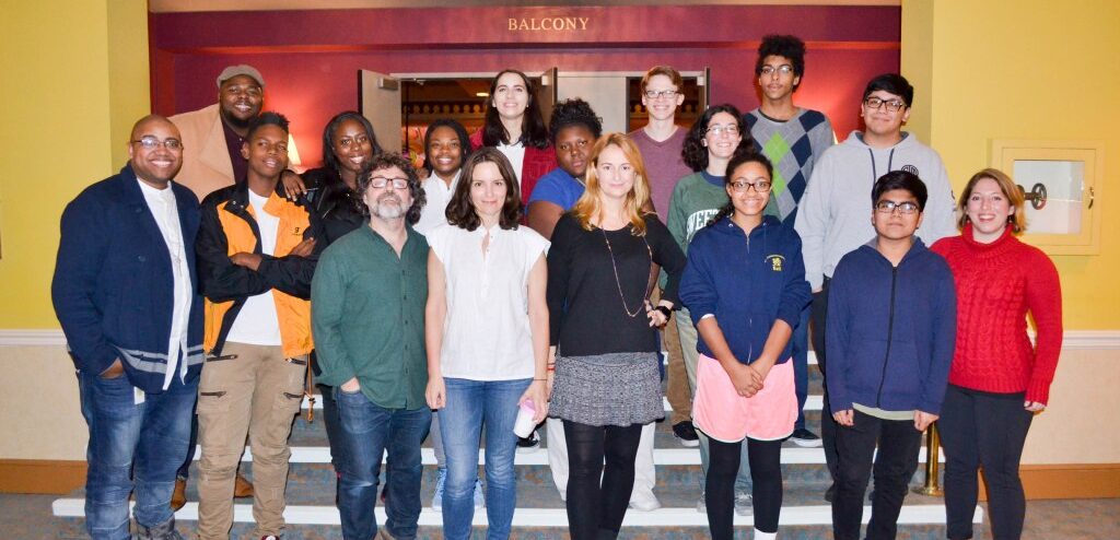 Tina Fey, Jeff Richmond, and Nell Benjamin pose for a picture with students for the Teens Behind the Scenes program.