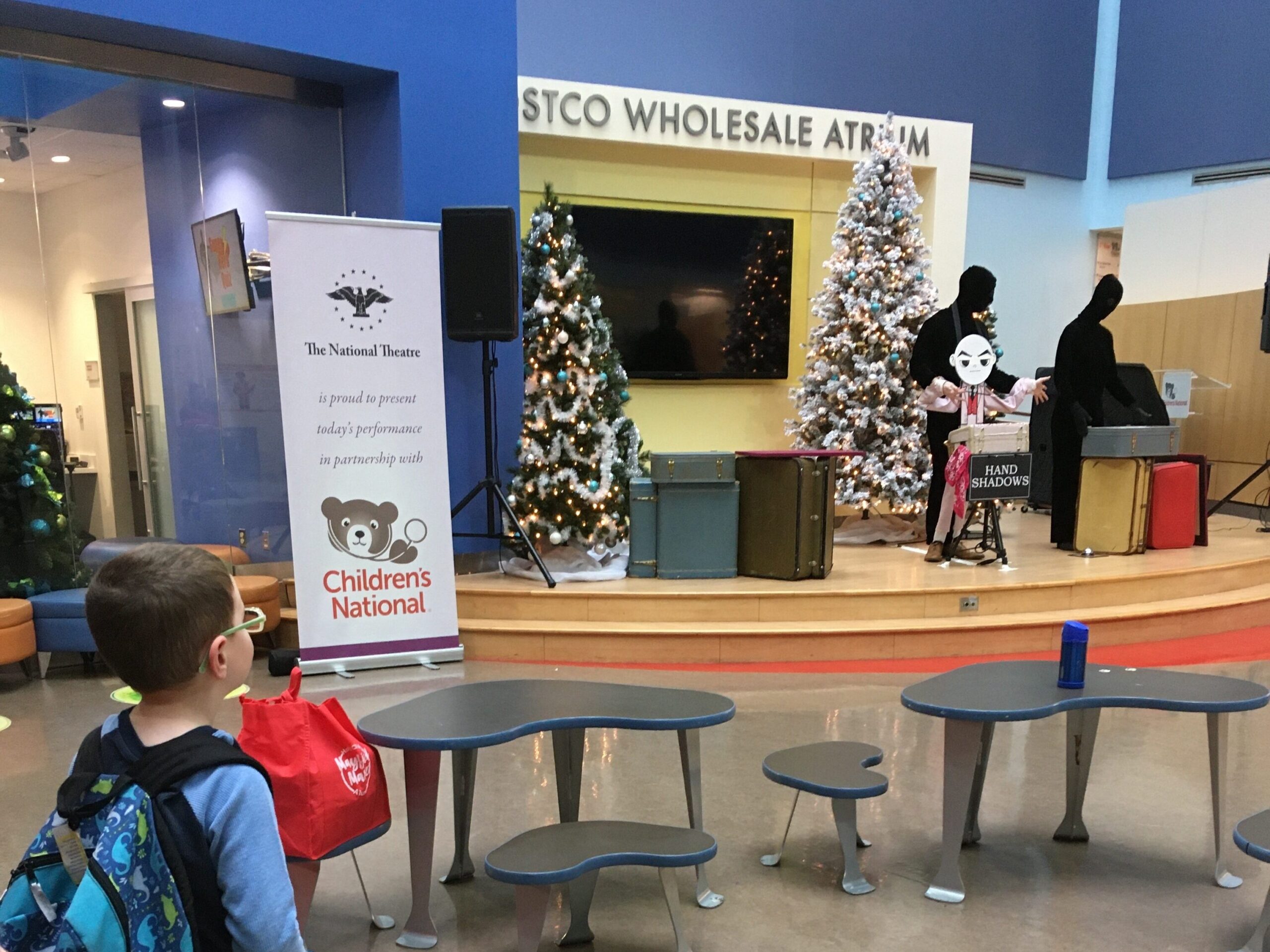 Artists Alex and Olmsted perform puppet show Milo the Magnificent for young patients at a hospital.