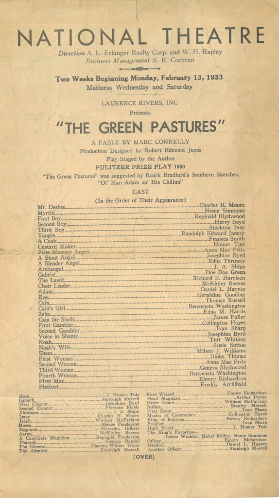 Playbill page with the cast listing for The Green Pastures in 1933