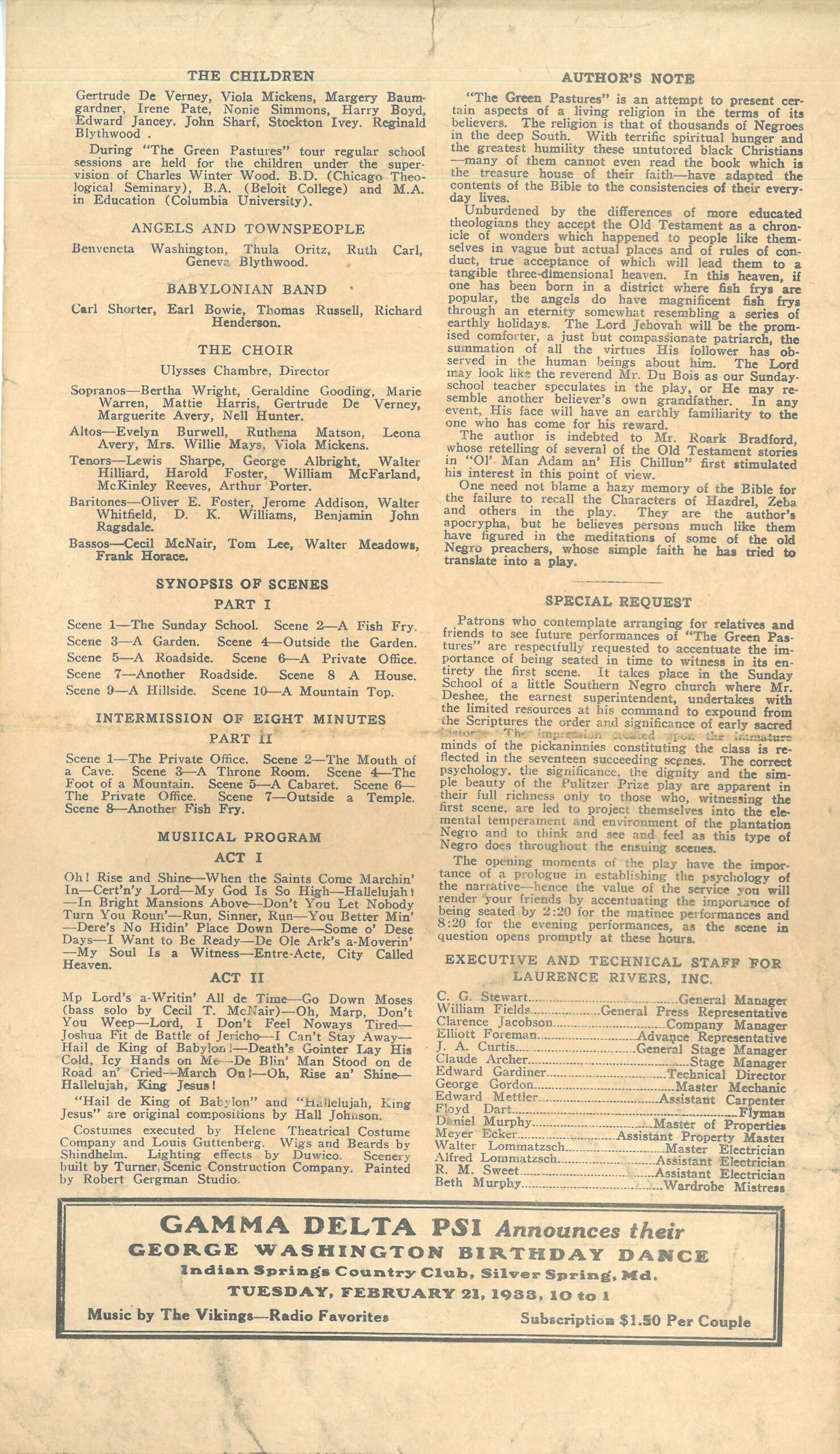 Playbill page from The Green Pastures in 1933