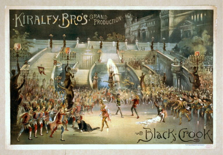 A poster for the Kiralfy Brothers production of The Black Crook. A large battle scene unfolds in front of an array of staircases and fountains.